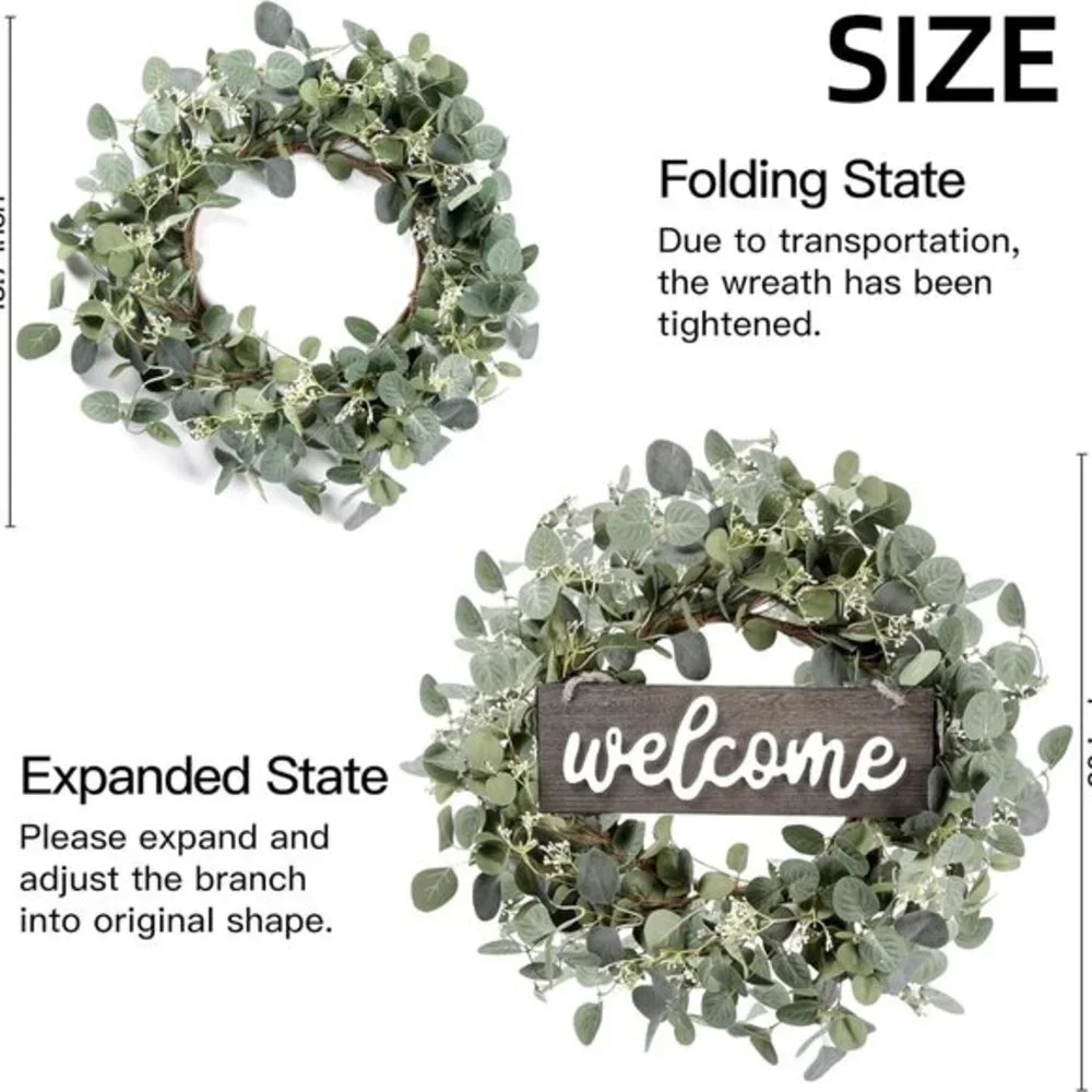 Green‎ Eucalyptus Leaf Wreath Welcome Sign 20in Art for Front Door Wall Window